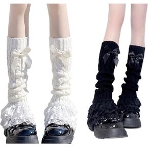 2 Pair Black and White Leg Warmers for Women, Cute Y2k Leg Warmers Bow Lace Ribbed Knit Long Socks for Girls Winter, Fashion Warmer Over Knee Pile Long Socks with Bow Trim Clothes Accessories