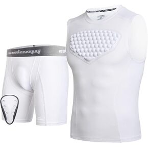 COOLOMG Boys Shorts with Cup + Chest Protector Shirts for Baseball Football White M