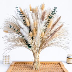 WILD AUTUMN Pampas Grass Decor Natural Dried Pampas Boho Home Decor Bouquet Dried Flowers Eucalyptus Bouquet for Wedding Floral Arrangements Table Decor Rustic Farmhouse (White&Green)