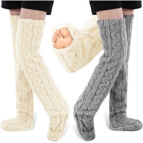 Vicenpal 2 Pairs High Fuzzy Socks over Knee Winter Leg Warmers Plush Extra Thick Slipper Socks for Women Christmas Sleeping