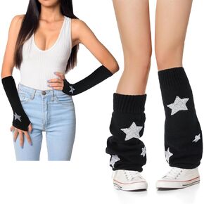 Y2K Kawaii Star Leg & Arm Warmers Set - Retro Stretchy Dance Accessories for Rave Festival, Anime Cosplay, Aesthetic Outfit, Soft Breathable Gift for Teens Women (Black)