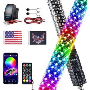 Nilight LED LED FAT WHIP LIGHT 2PCS 2FT RGB سوط هوائي مضاءة مع أنماط المطاردة عن بُعد ومراقبة DIY ، أضواء منعطف فرامل عكسية لـ ATV UTV PORLIS RZR CAN-AM DUNE BUGGY PUCRKS JEEP