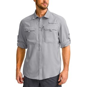 G Men Men Protect Sun Protection Shirt مع جيوب سحاب طويلة الأكمام UPF 50+ من قمصان التبريد للأشعة فوق البنفسجية للرجال المشي لمسافات طويلة (رمادي فاتح ، م)