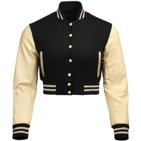 Cropped Varsity Jacket Women - Premium Quality Leather and Wool Baseball Letterman Jacket for Women's, Long Sleeve