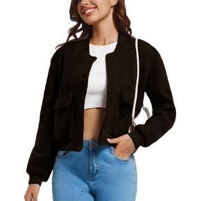 YSW Womens Cropped Bomber Jacket Baseball Varsity Jacket Casual Jackets with Pockets Button Down Chaquetas de Mujer in Saudi Arabia