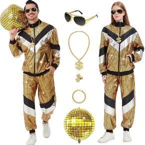 Ezuwail 70s Outfits for Men Women 80s Outfit Disco Track Suits Halloween Costumes Tracksuit Sportswear 7pcs