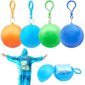4 Pack Portable Disposable Emergency，with Hood and Attachable Round Case, Raincoats Rain Poncho in A Ball Waterproof Raincoat In Keychain Ball, Adult Rainwear for Camping, Cycling