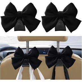 Car Seat Headrest Hook, 2PCS Cute Bow Knot Vehicle Seatback Hanging Storage Organizer, Seat Back Hanger for Purse Coat Umbrella, Universal Automotive Interior Decor Accessories (Black)