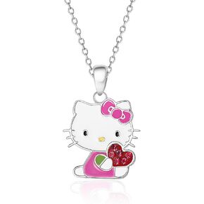 ترخيص Hello Kitty Sanrio Necklace الرسمي - قلادة مطلية بالفضة مع مينا وقلادة بلورية حمراء