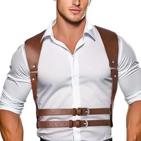 Punk Men’s Leather Chest Harness Brown Shoulder Buckle Straps Adjustable