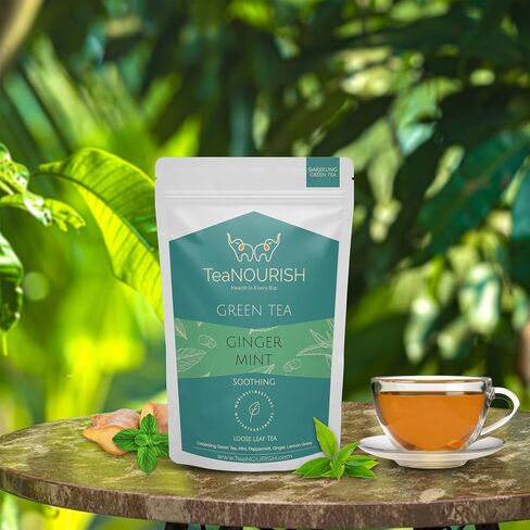 TeaNOURISH Ginger Mint Green Tea | Relaxing & Calming | Premium Darjeeling Loose Leaf | Immune Support Tea for Daily Wellness | 50 Cups Hot Tea or Iced Tea - 3.53oz/100g in Saudi Arabia
