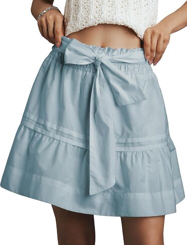 Flowy Short Skirt for Women Casual Summer Tiered Ruffle A-line Elastic Waist Beach Mini Skirt with Tie Belt in Saudi Arabia