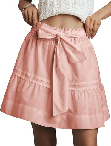 Flowy Short Skirt for Women Casual Summer Tiered Ruffle A-line Elastic Waist Beach Mini Skirt with Tie Belt in Saudi Arabia