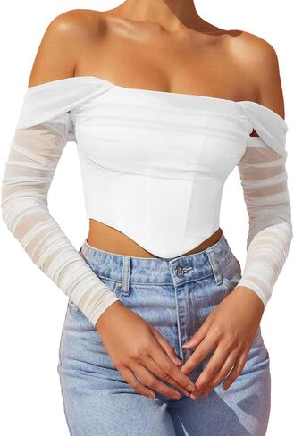 المرأة قبالة الكتف مشد الأعلى مثيرة شبكة طويلة الأكمام طويلة boned bustier الحفل لطيف الخروج من قمم in Kuwait