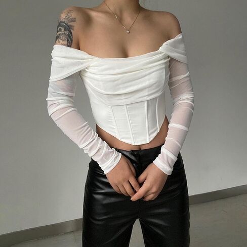 المرأة قبالة الكتف مشد الأعلى مثيرة شبكة طويلة الأكمام طويلة boned bustier الحفل لطيف الخروج من قمم in Kuwait