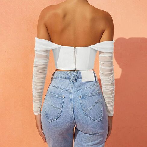 المرأة قبالة الكتف مشد الأعلى مثيرة شبكة طويلة الأكمام طويلة boned bustier الحفل لطيف الخروج من قمم in Kuwait