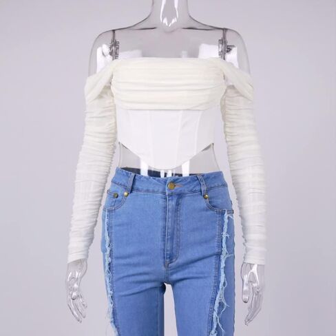 المرأة قبالة الكتف مشد الأعلى مثيرة شبكة طويلة الأكمام طويلة boned bustier الحفل لطيف الخروج من قمم in Kuwait