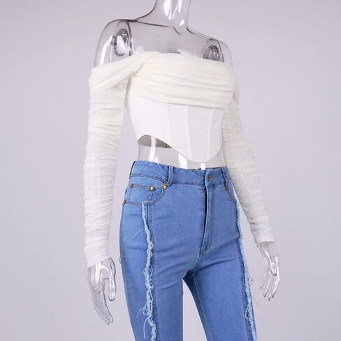 المرأة قبالة الكتف مشد الأعلى مثيرة شبكة طويلة الأكمام طويلة boned bustier الحفل لطيف الخروج من قمم in Kuwait