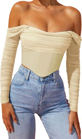 Womens Off The Shoulder Corset Top Sexy Mesh Long Sleeve Boned Bustier Concert Cute Going Out Tops in Saudi Arabia
