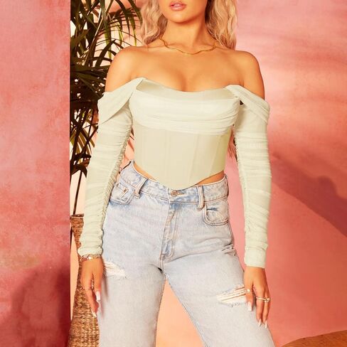 Womens Off The Shoulder Corset Top Sexy Mesh Long Sleeve Boned Bustier Concert Cute Going Out Tops in Saudi Arabia