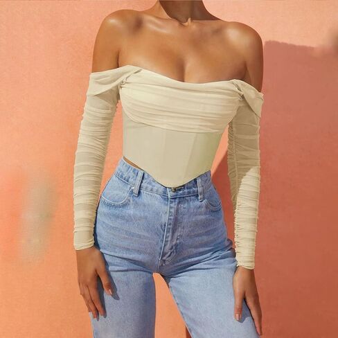 Womens Off The Shoulder Corset Top Sexy Mesh Long Sleeve Boned Bustier Concert Cute Going Out Tops in Saudi Arabia