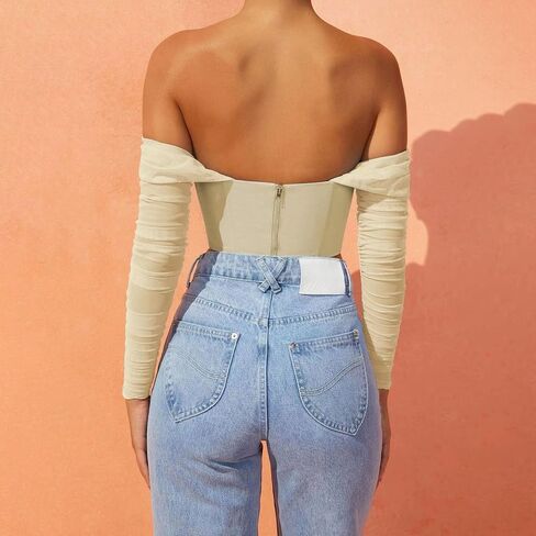 Womens Off The Shoulder Corset Top Sexy Mesh Long Sleeve Boned Bustier Concert Cute Going Out Tops in Saudi Arabia