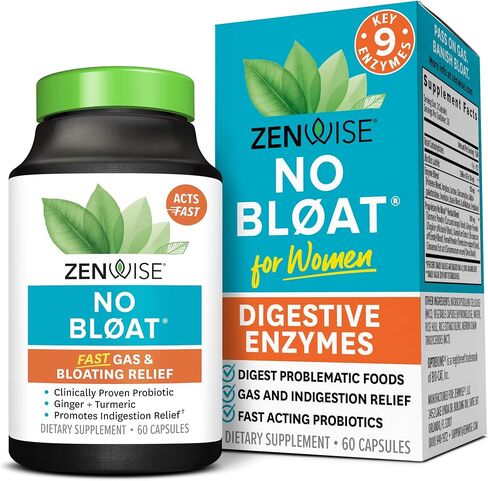 Zenwise Health No Bloat - البروبيوتيك، والإنزيمات الهاضمة للانتفاخ وتخفيف الغازات - الزنجبيل والهندباء واللاكتاز لتحسين الهضم - حبوب نباتية للاحتفاظ بالمياه (48 قطعة) in Kuwait