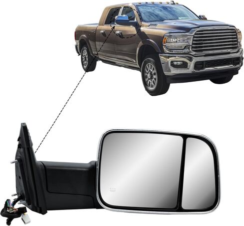 Passenger Right Side Door Towing Mirror Black Back Cover Power and Heated Glass with Turn Signal Light and Puddle Light Manual Folding and Temperature Sensor For Ram 1500 2500 3500 2009-2018 in Saudi Arabia