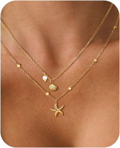 Shell Necklace for Women,14k Gold Plated Layered Starfish Conch SeaShell Pearl Pendant Charm Necklace,Non Tarnish Adjustable Stainless Steel Chain Stack Jewelry for Summer Beach Vacation in Saudi Arabia