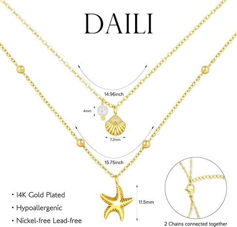 Shell Necklace for Women,14k Gold Plated Layered Starfish Conch SeaShell Pearl Pendant Charm Necklace,Non Tarnish Adjustable Stainless Steel Chain Stack Jewelry for Summer Beach Vacation in Saudi Arabia