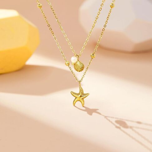 Shell Necklace for Women,14k Gold Plated Layered Starfish Conch SeaShell Pearl Pendant Charm Necklace,Non Tarnish Adjustable Stainless Steel Chain Stack Jewelry for Summer Beach Vacation in Saudi Arabia