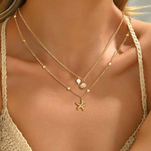 Shell Necklace for Women,14k Gold Plated Layered Starfish Conch SeaShell Pearl Pendant Charm Necklace,Non Tarnish Adjustable Stainless Steel Chain Stack Jewelry for Summer Beach Vacation in Saudi Arabia