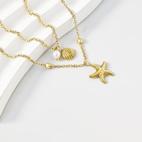 Shell Necklace for Women,14k Gold Plated Layered Starfish Conch SeaShell Pearl Pendant Charm Necklace,Non Tarnish Adjustable Stainless Steel Chain Stack Jewelry for Summer Beach Vacation in Saudi Arabia