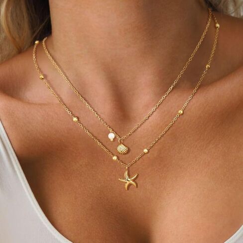 Shell Necklace for Women,14k Gold Plated Layered Starfish Conch SeaShell Pearl Pendant Charm Necklace,Non Tarnish Adjustable Stainless Steel Chain Stack Jewelry for Summer Beach Vacation in Saudi Arabia