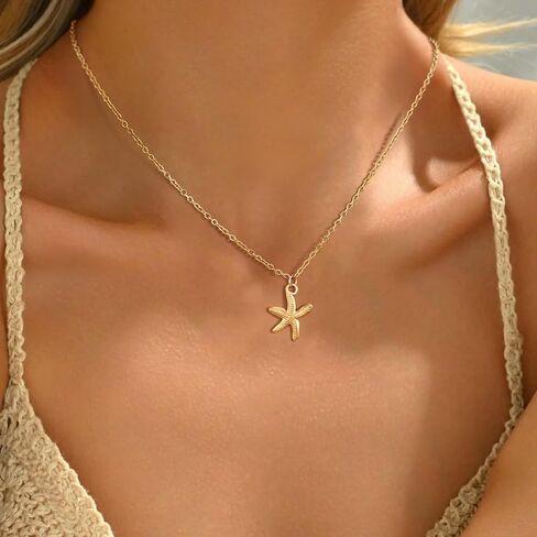 Shell Necklace for Women,14k Gold Plated Layered Starfish Conch SeaShell Pearl Pendant Charm Necklace,Non Tarnish Adjustable Stainless Steel Chain Stack Jewelry for Summer Beach Vacation in Saudi Arabia