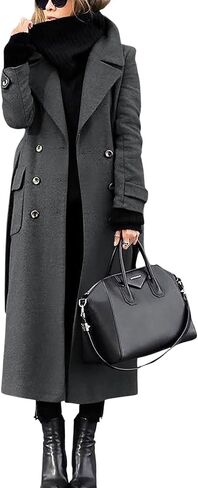 chouyatou Women's Winter Double Breasted Wool Coat Business Casual Long Winter Pea Coat with Belt in Saudi Arabia