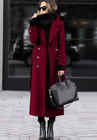 chouyatou Women's Winter Double Breasted Wool Coat Business Casual Long Winter Pea Coat with Belt in Saudi Arabia