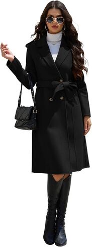 Womens Winter Superior 70% Wool Coat, Notch Lapel Double Breasted Classy Long Wool Blend Wrap Coats with Belt in Kuwait