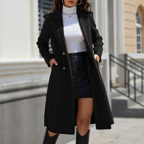 Womens Winter Superior 70% Wool Coat, Notch Lapel Double Breasted Classy Long Wool Blend Wrap Coats with Belt in Kuwait