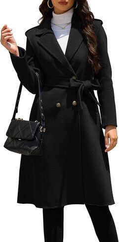 Womens Winter Superior 70% Wool Coat, Notch Lapel Double Breasted Classy Long Wool Blend Wrap Coats with Belt in Kuwait
