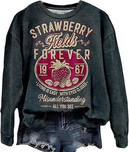 BOMYTAO Vintage Rock Band Sweatshirts for Women Fashion Country Music Pullover Beatle Strawberry Fields 1967 Long Sleeve Top in Saudi Arabia