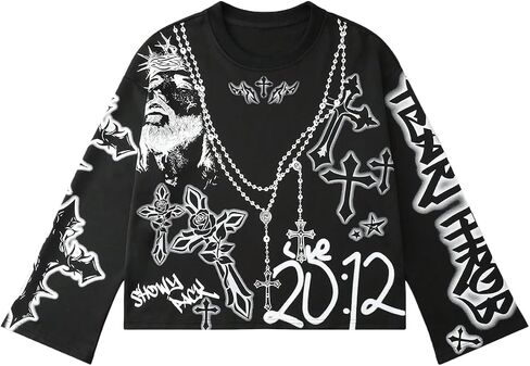 Wdirara Men Graphic Cross Print Long Sweeve Sweetshirts Crew Neck Tops Streetwear in Kuwait
