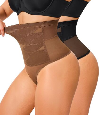 KUMAYES Tummy Control Shapewear Thong for Women - High Waisted Thong Compression Underwear Body Shaper Girdle Panty 2 Pack in Saudi Arabia