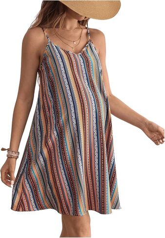 OYOANGLE Women's Maternity Striped Print Boho Cami Dress Spaghetti Strap V Neck Backless Loose Short Dresses in Saudi Arabia
