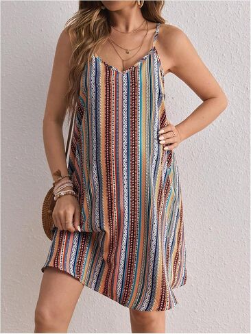 OYOANGLE Women's Maternity Striped Print Boho Cami Dress Spaghetti Strap V Neck Backless Loose Short Dresses in Saudi Arabia