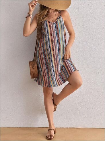 OYOANGLE Women's Maternity Striped Print Boho Cami Dress Spaghetti Strap V Neck Backless Loose Short Dresses in Saudi Arabia