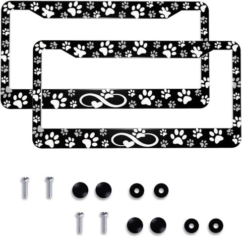 Paw Print License Plate Frame - 2 Pack Black White Dog Paw Design License Plate Covers Aluminum Metal Cute Auto Car Tag Holder with 2 Holes 12.3" x 6.3"in Equipped with Screws for Men Women in Saudi Arabia