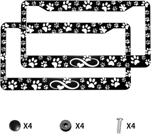 Paw Print License Plate Frame - 2 Pack Black White Dog Paw Design License Plate Covers Aluminum Metal Cute Auto Car Tag Holder with 2 Holes 12.3" x 6.3"in Equipped with Screws for Men Women in Saudi Arabia