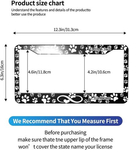 Paw Print License Plate Frame - 2 Pack Black White Dog Paw Design License Plate Covers Aluminum Metal Cute Auto Car Tag Holder with 2 Holes 12.3" x 6.3"in Equipped with Screws for Men Women in Saudi Arabia