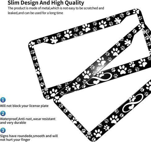 Paw Print License Plate Frame - 2 Pack Black White Dog Paw Design License Plate Covers Aluminum Metal Cute Auto Car Tag Holder with 2 Holes 12.3" x 6.3"in Equipped with Screws for Men Women in Saudi Arabia